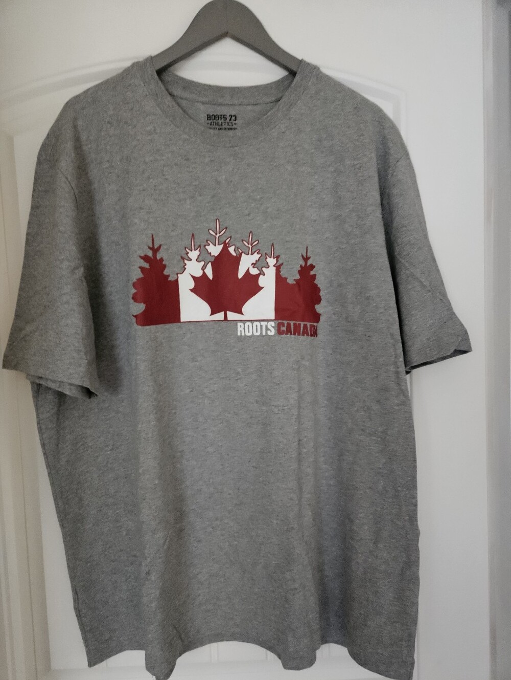 Roots Grey Tee with Red Canada Maple Graphic